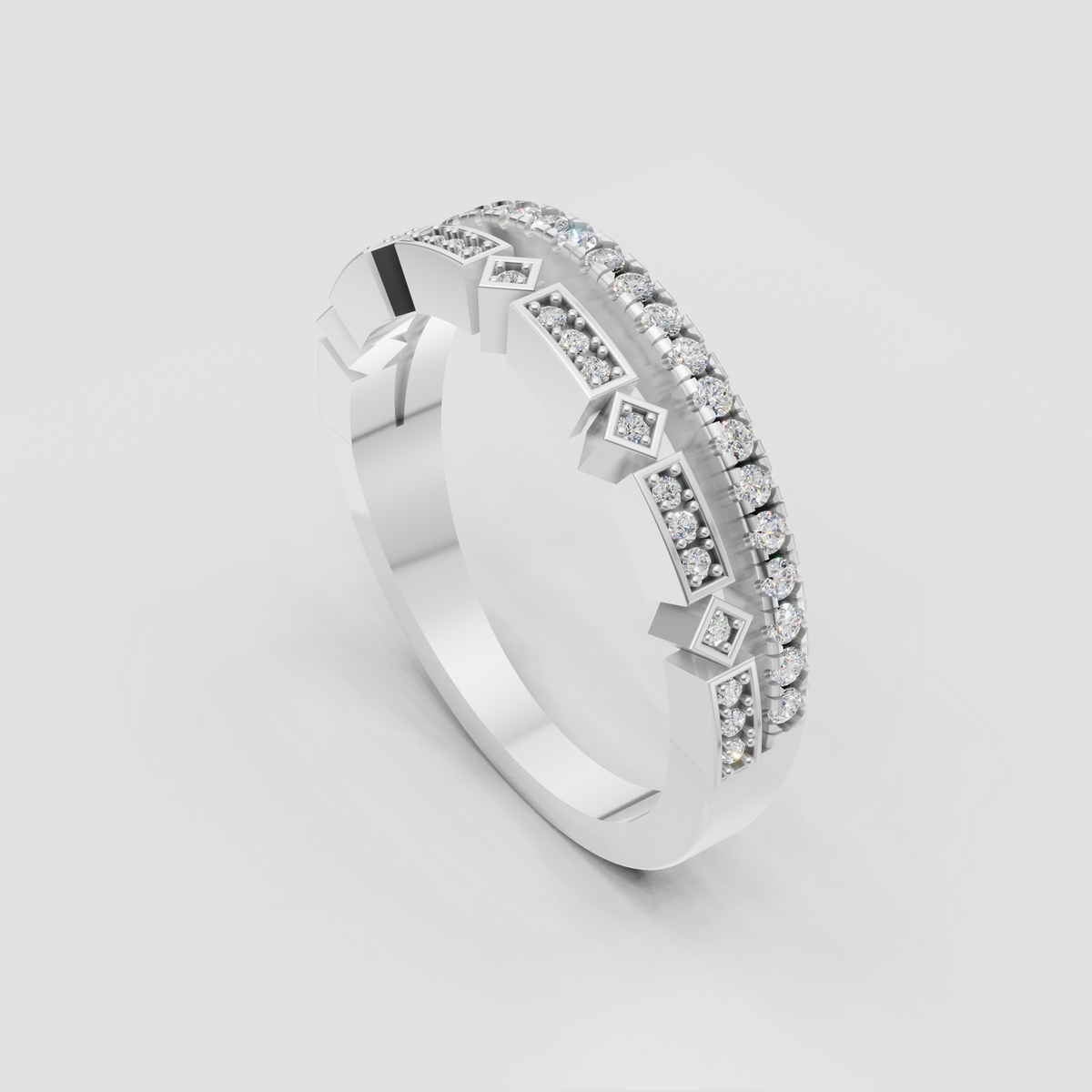 Polished yellow gold diamond band with alternating geometric settings
