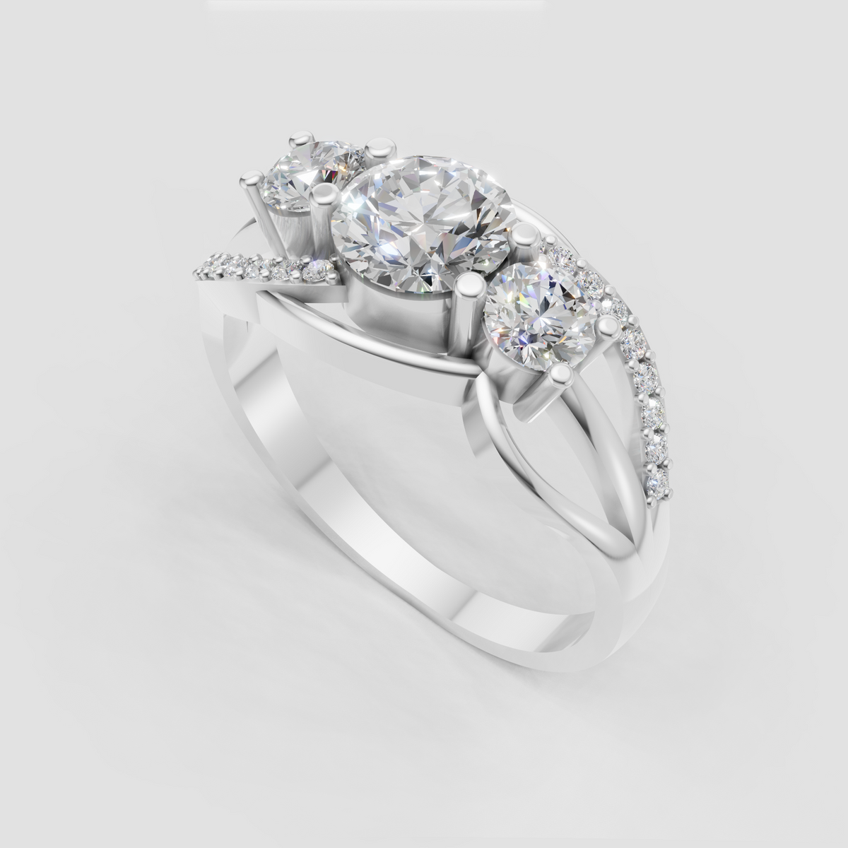 Luxury round diamond three stone ring with curved shoulders