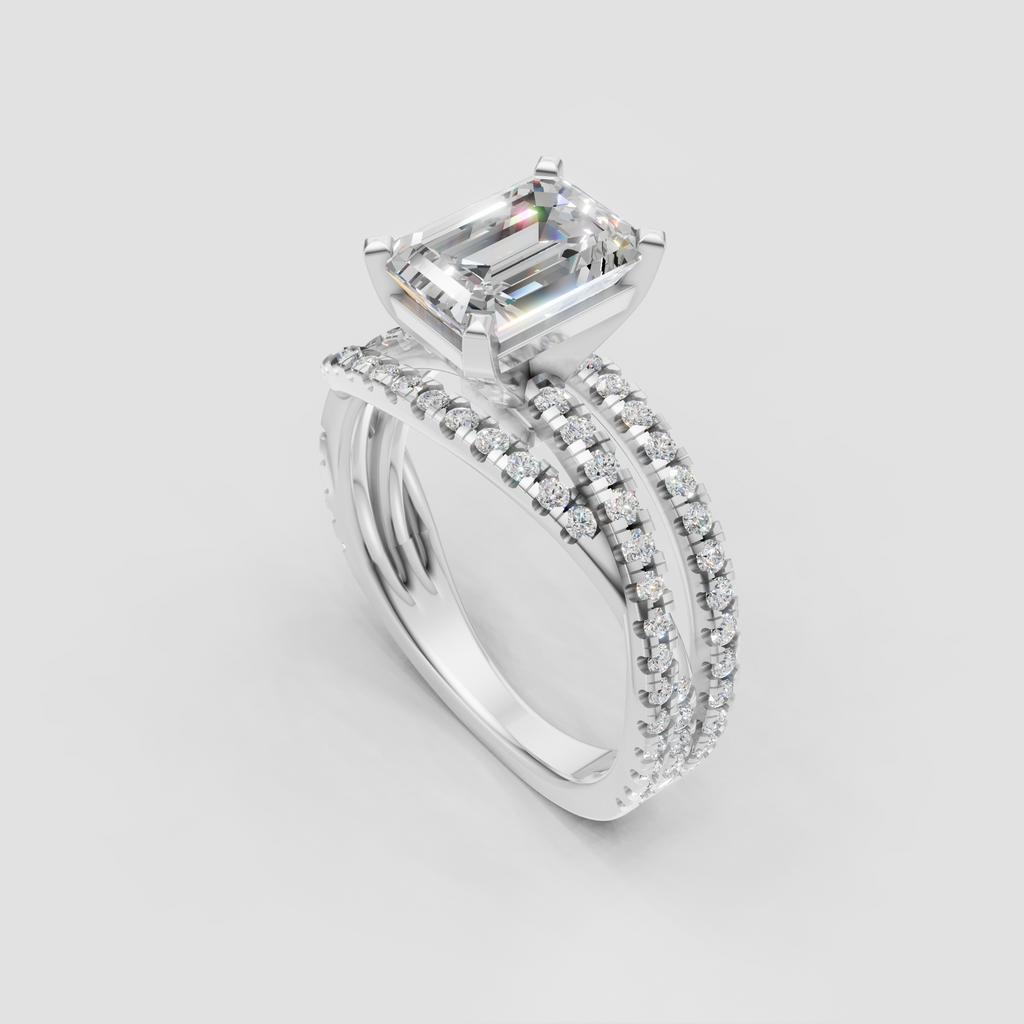 Elegant split shank emerald cut Diamond ring with sparkling side detailing