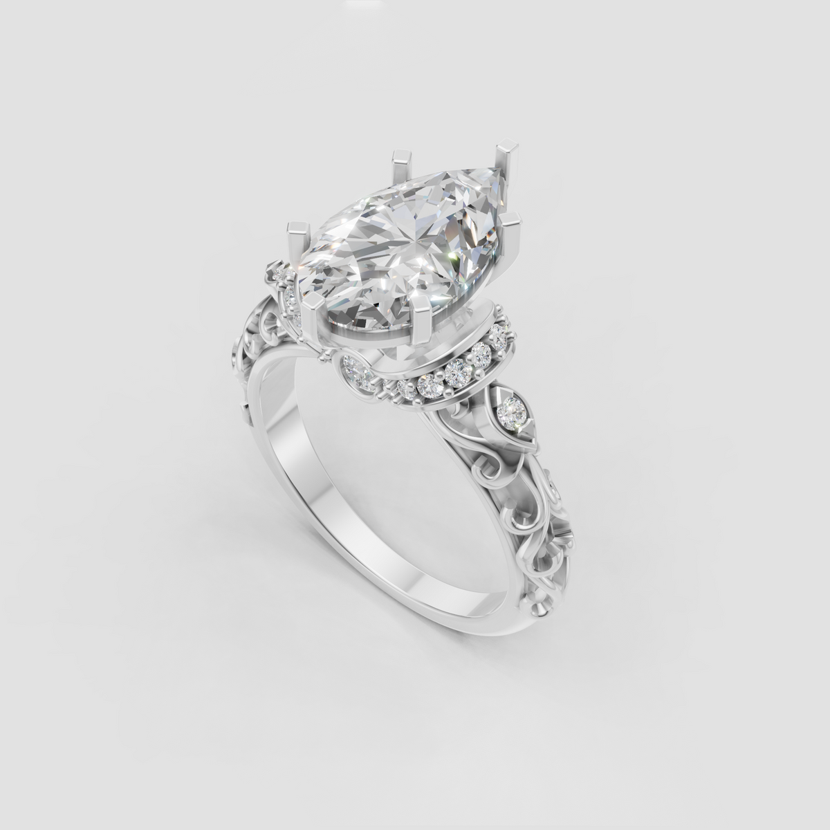 Pear shaped diamond halo ring with polished yellow gold finish