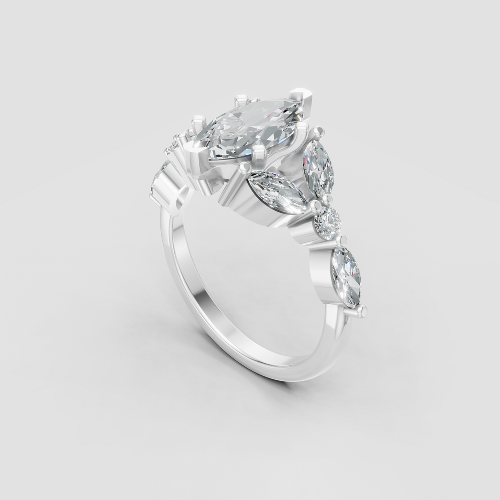 Yellow gold marquise diamond ring with floral-inspired accent stones