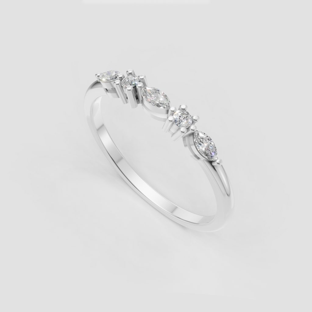 Perspective view of elegant rose gold alternating diamond band