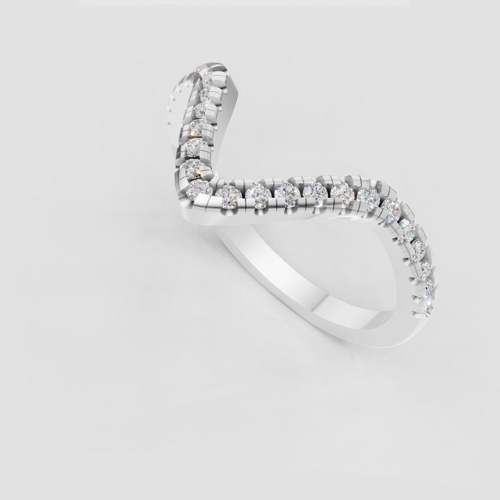 Round brilliant diamond chevron ring with polished gold band
