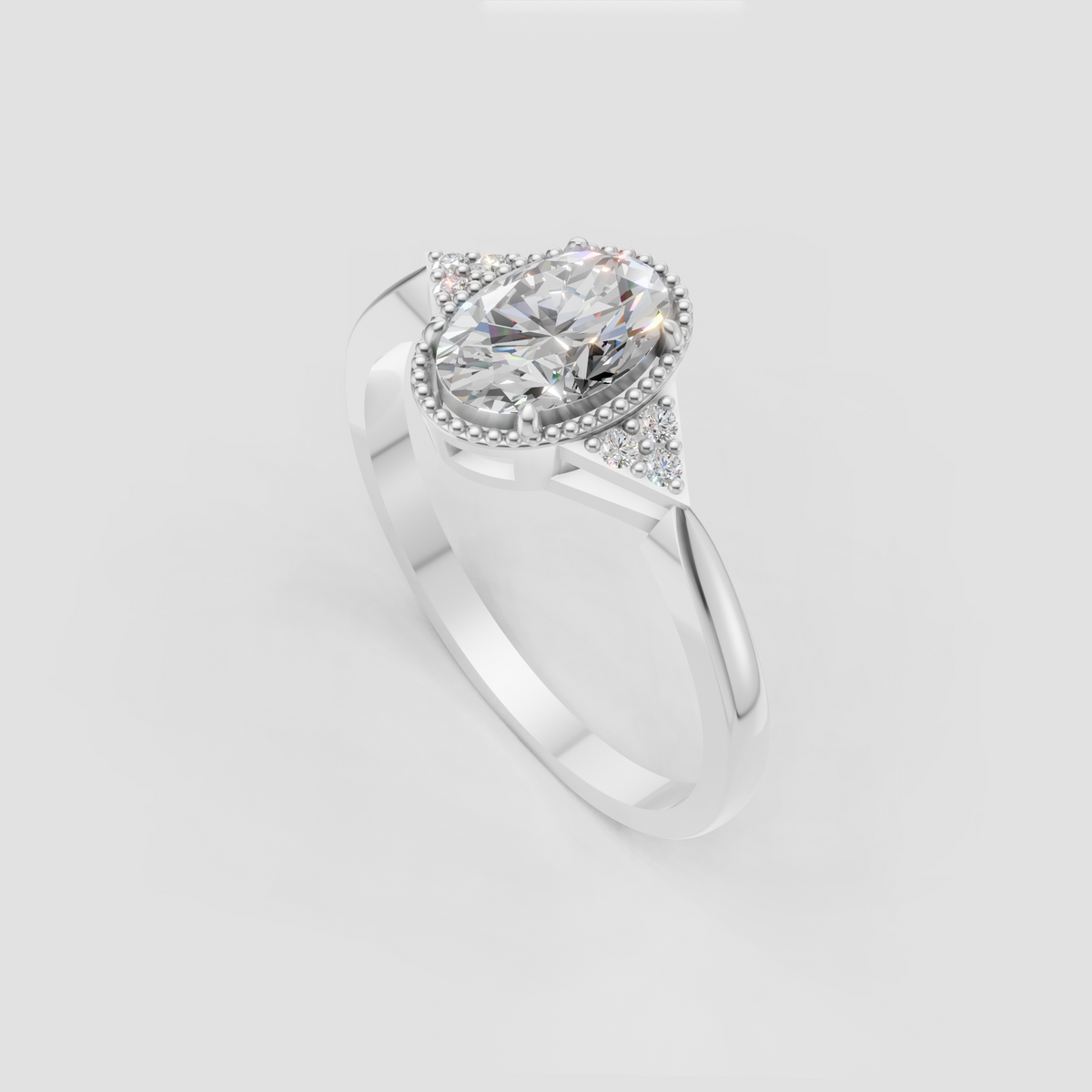 Oval center diamond ring featuring a beaded halo setting