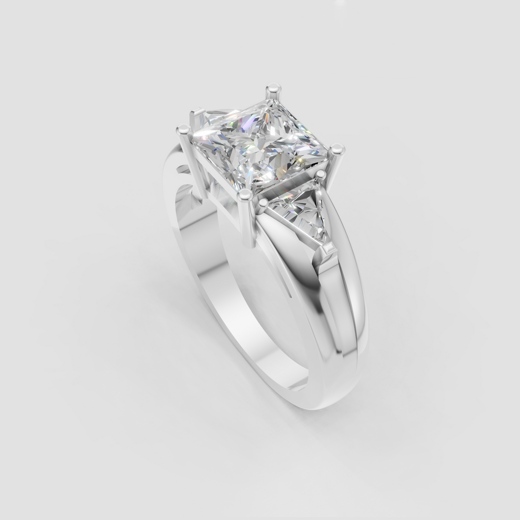 Princess diamond engagement ring featuring two trillion side stones
