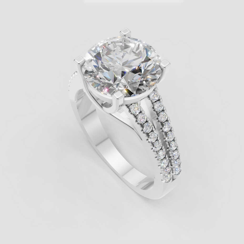 Round center stone ring with four prong basket setting and pavé band