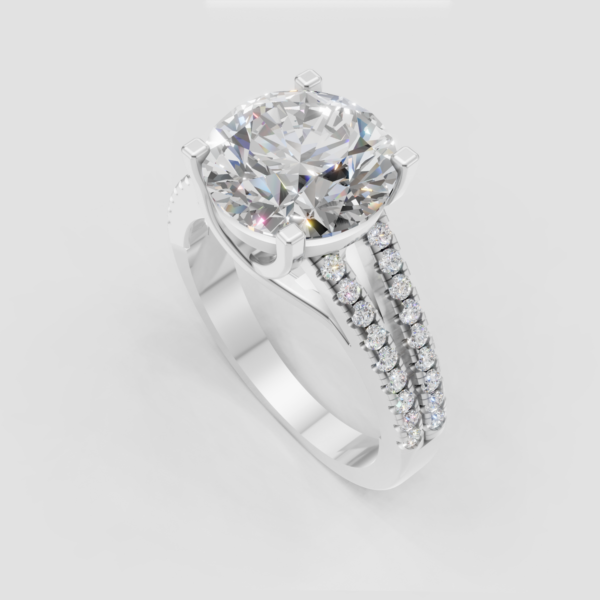 Round center stone ring with four prong basket setting and pavé band