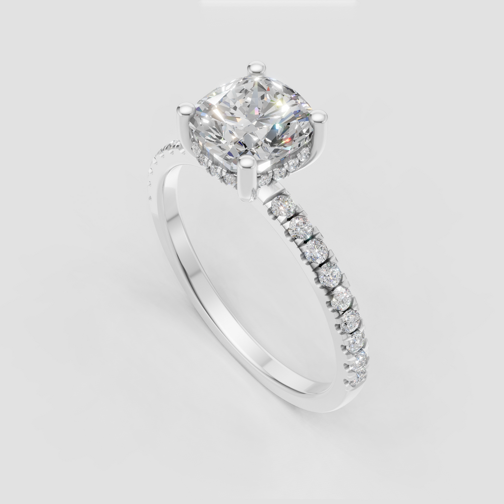 Luxury cushion diamond engagement ring with pavé shoulders