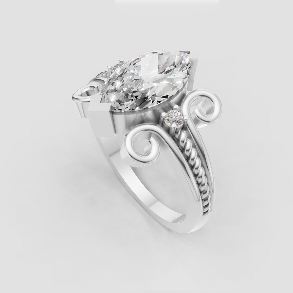 Marquise engagement ring featuring twisted rope-style band details