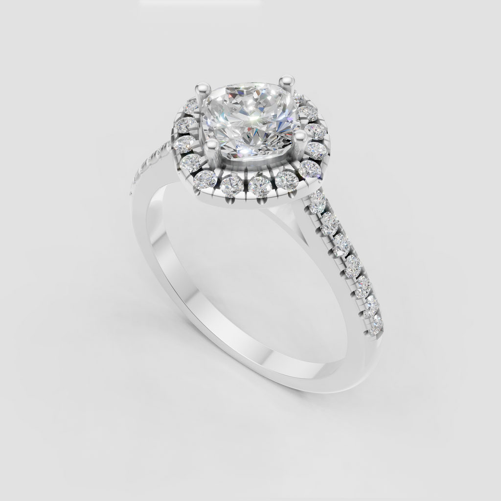 Cushion cut diamond engagement ring with polished yellow gold band