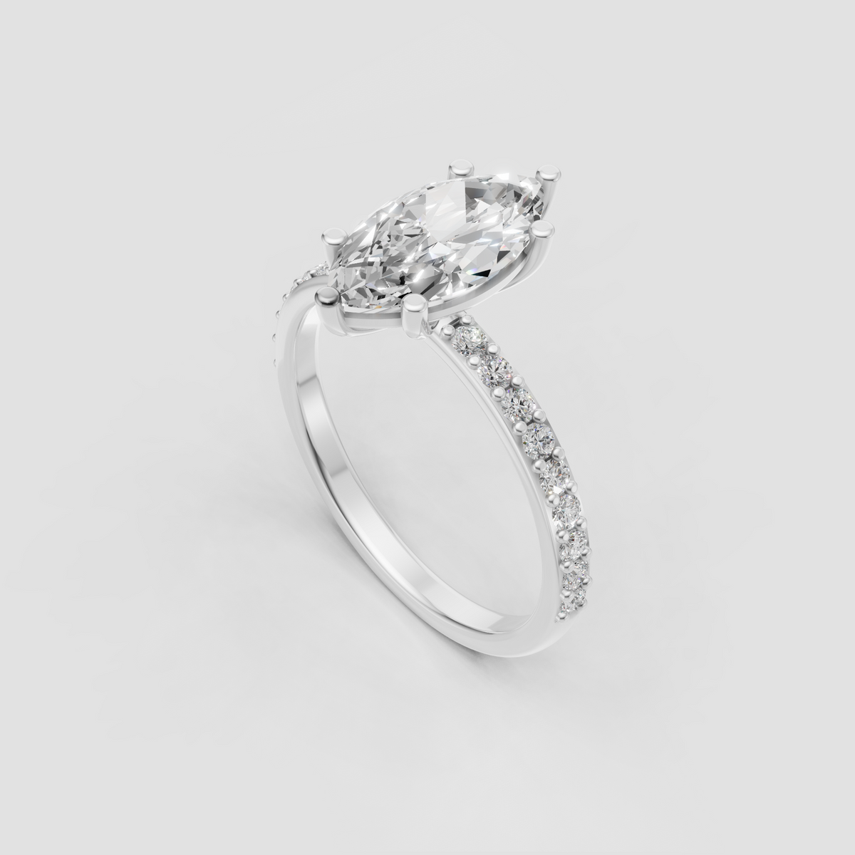 Elongated marquise diamond engagement ring with polished band