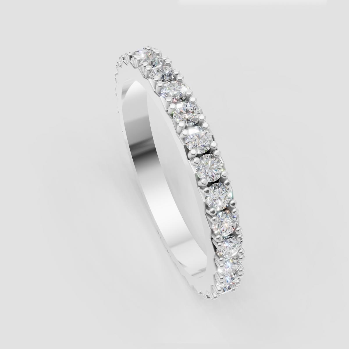 Polished rose gold eternity wedding ring with round diamonds