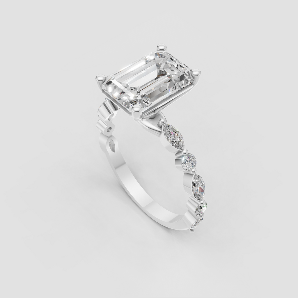 Yellow gold cathedral engagement ring with emerald cut center