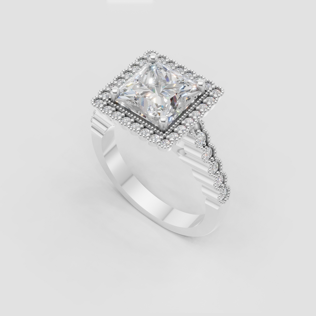 Square-cut diamond halo ring with intricate split-style pave shoulders