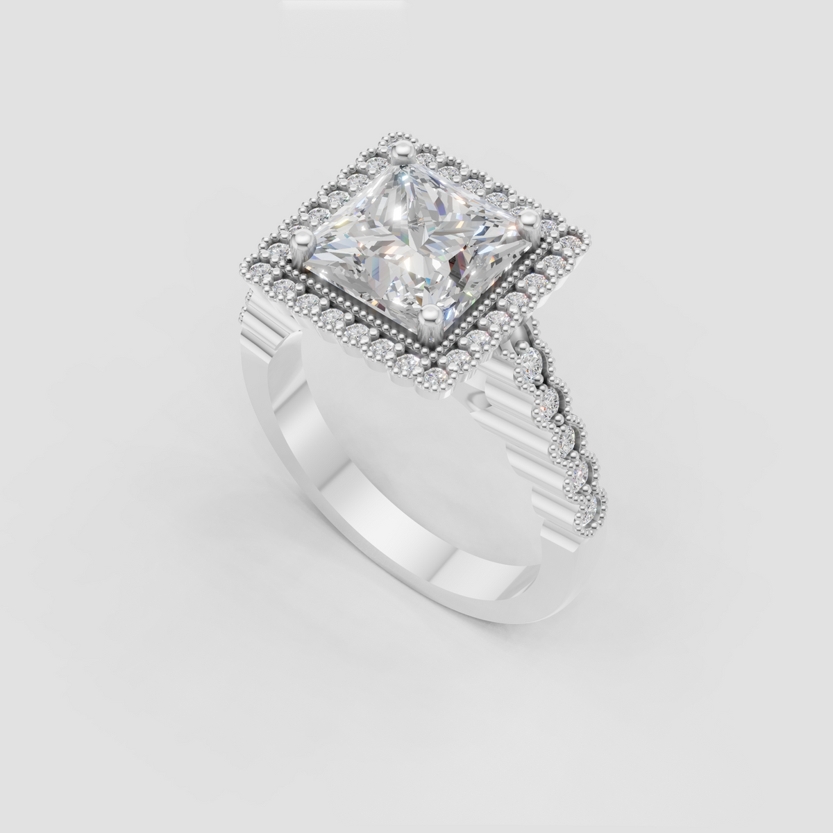 Square-cut diamond halo ring with intricate split-style pave shoulders