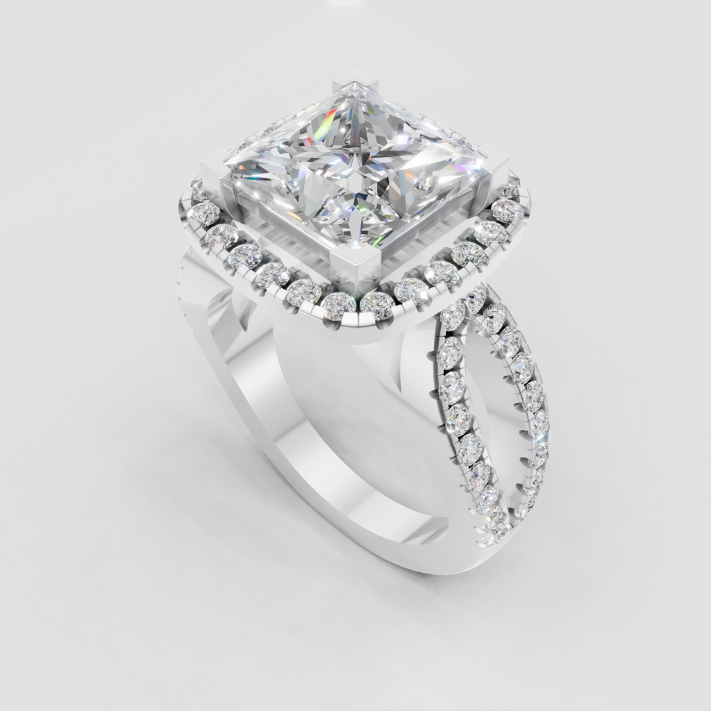 Princess diamond halo ring with intricate split shank detailing