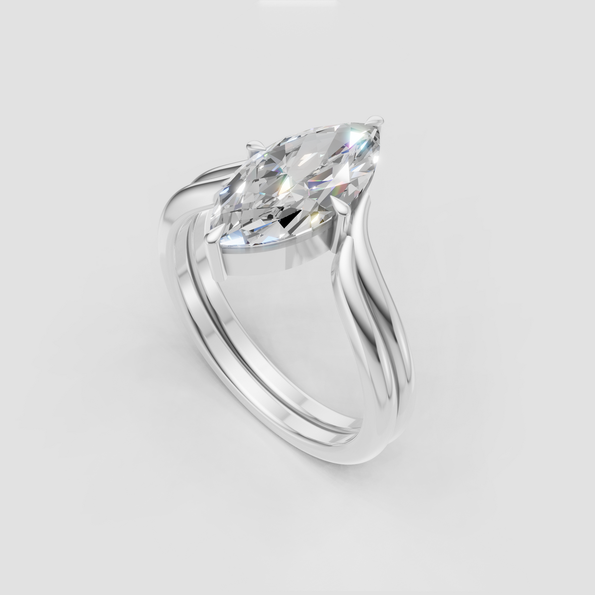Elegant marquise solitaire engagement ring with double band design