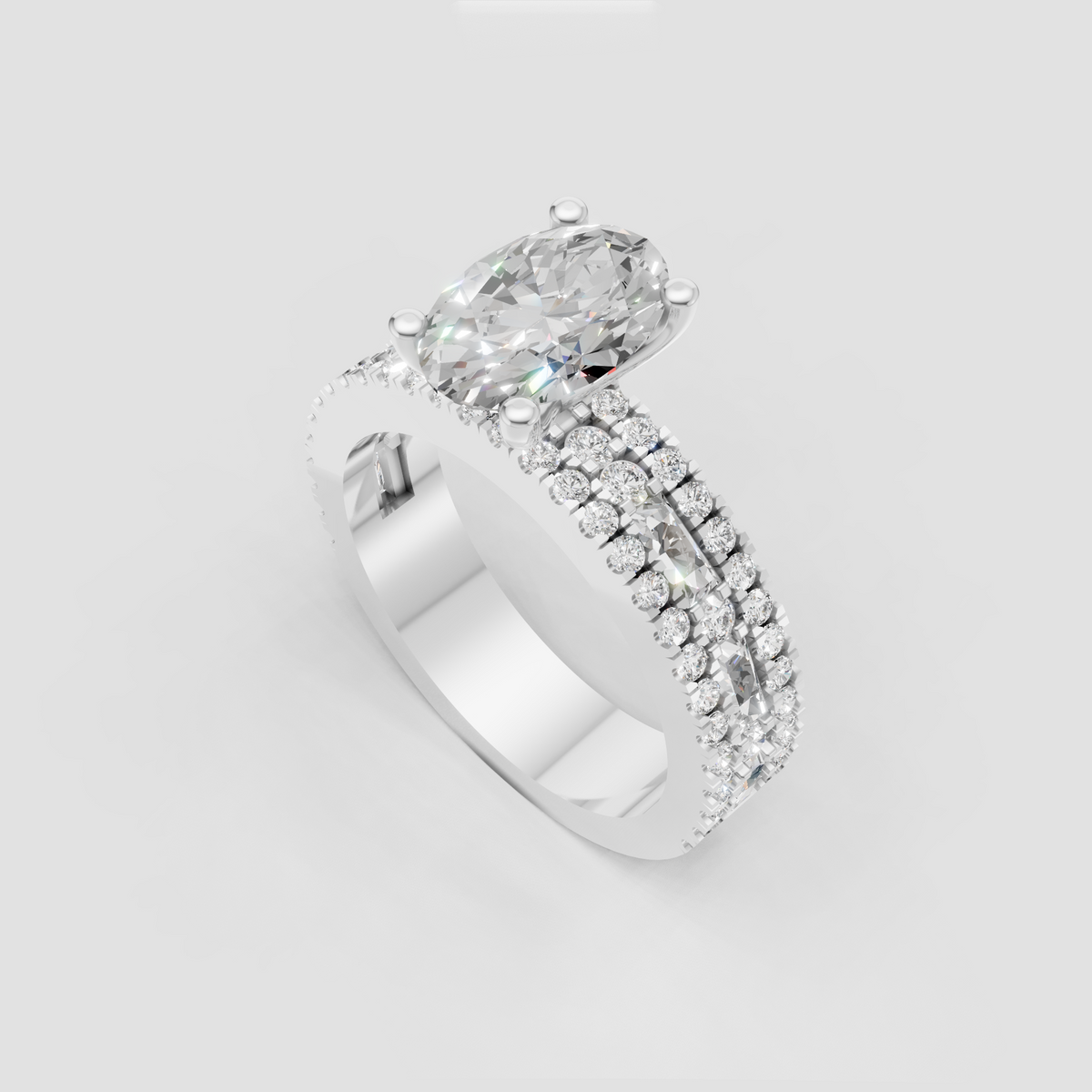 Oval center diamond ring with three-row multi-stone band and four-prong setting