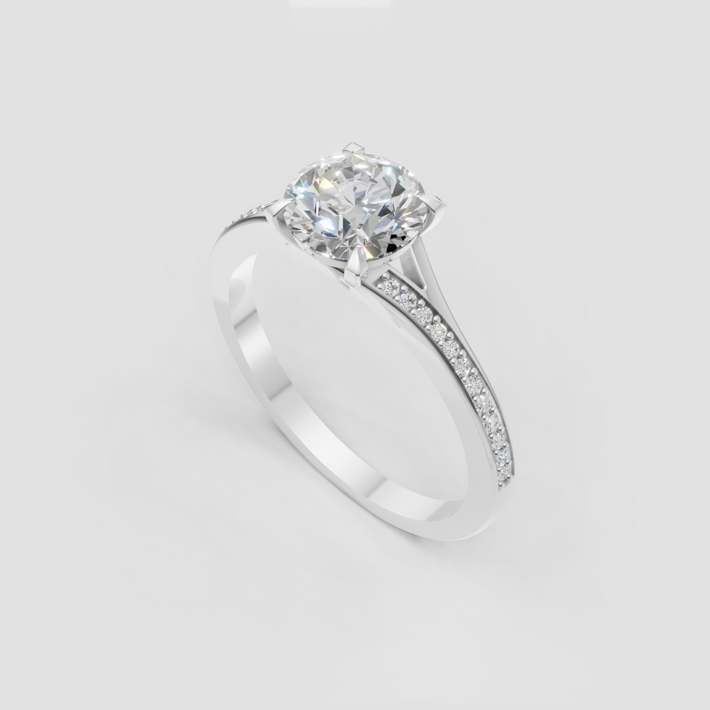 Luxury round diamond solitaire ring with pave band