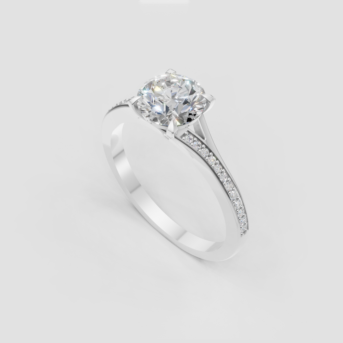 Luxury round diamond solitaire ring with pave band