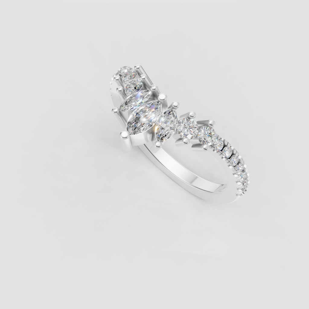 Curved diamond wedding band designed with alternating marquise and round stones
