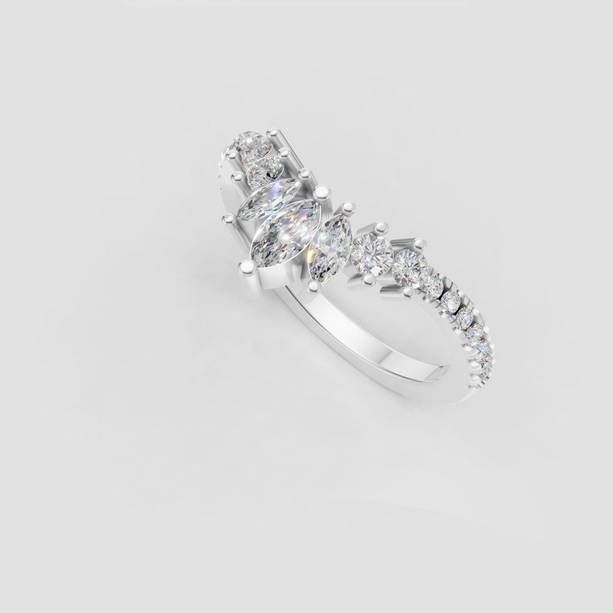 Curved diamond wedding band designed with alternating marquise and round stones