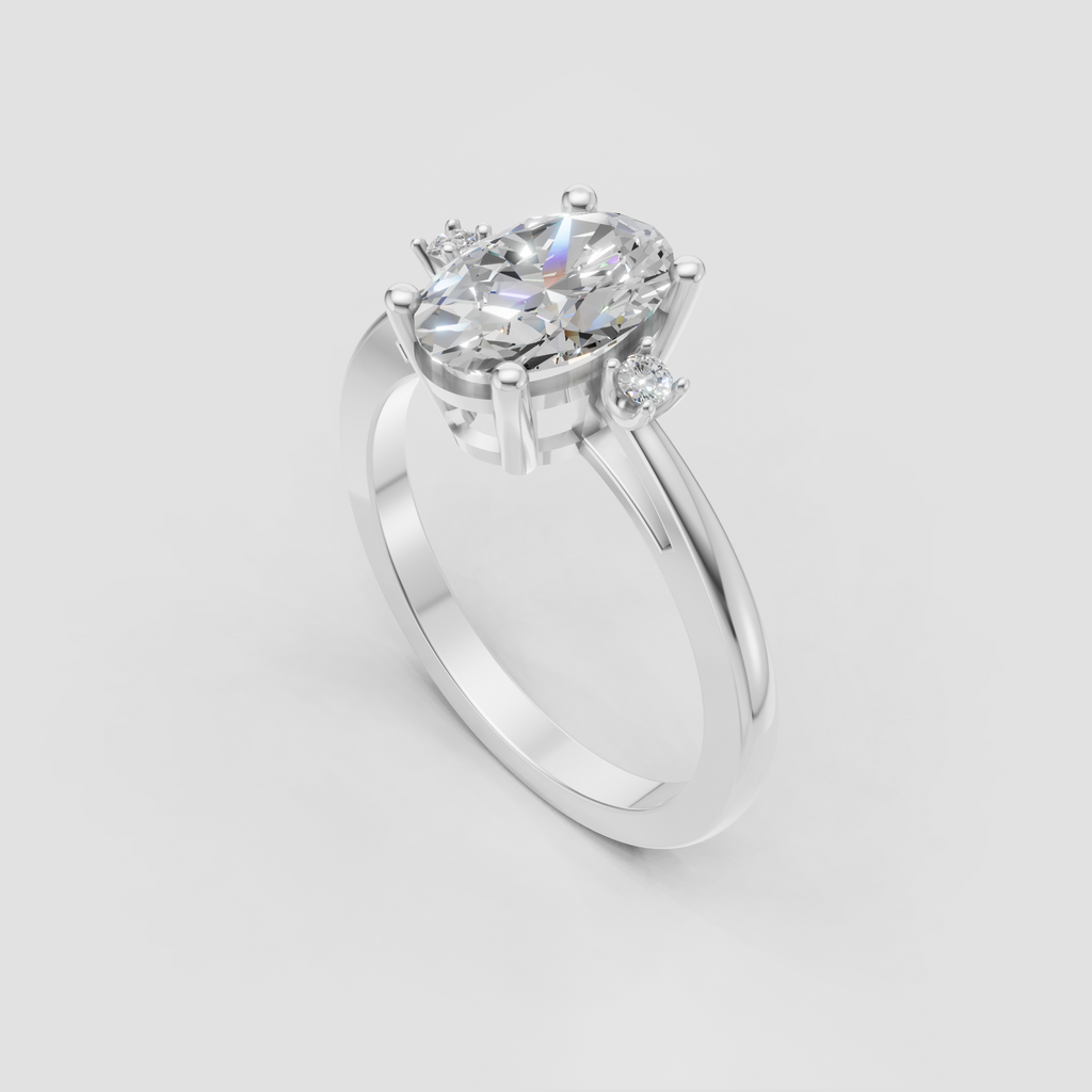 Six-prong oval diamond ring with two round shoulder stones