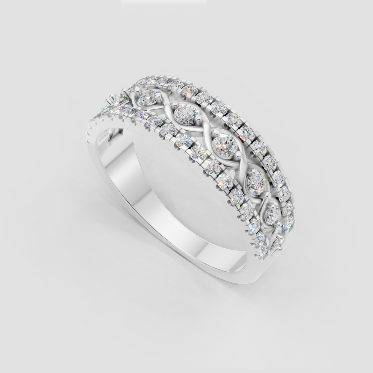 Detailed round diamond band ring with polished yellow gold setting