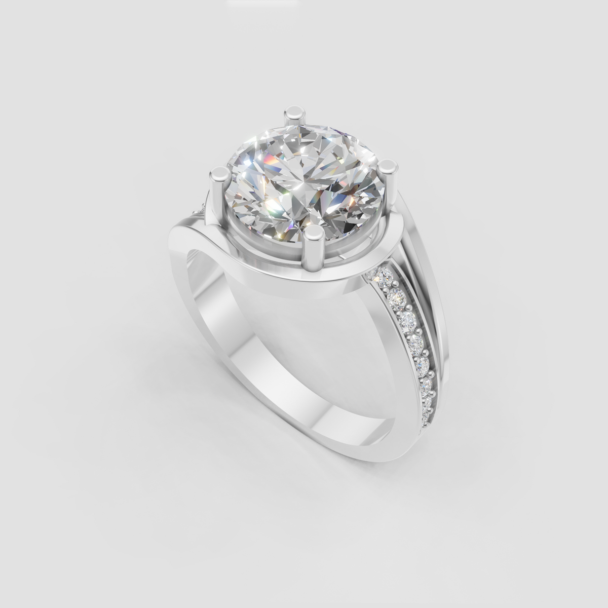Four-prong round diamond ring with sparkling pave shoulder details