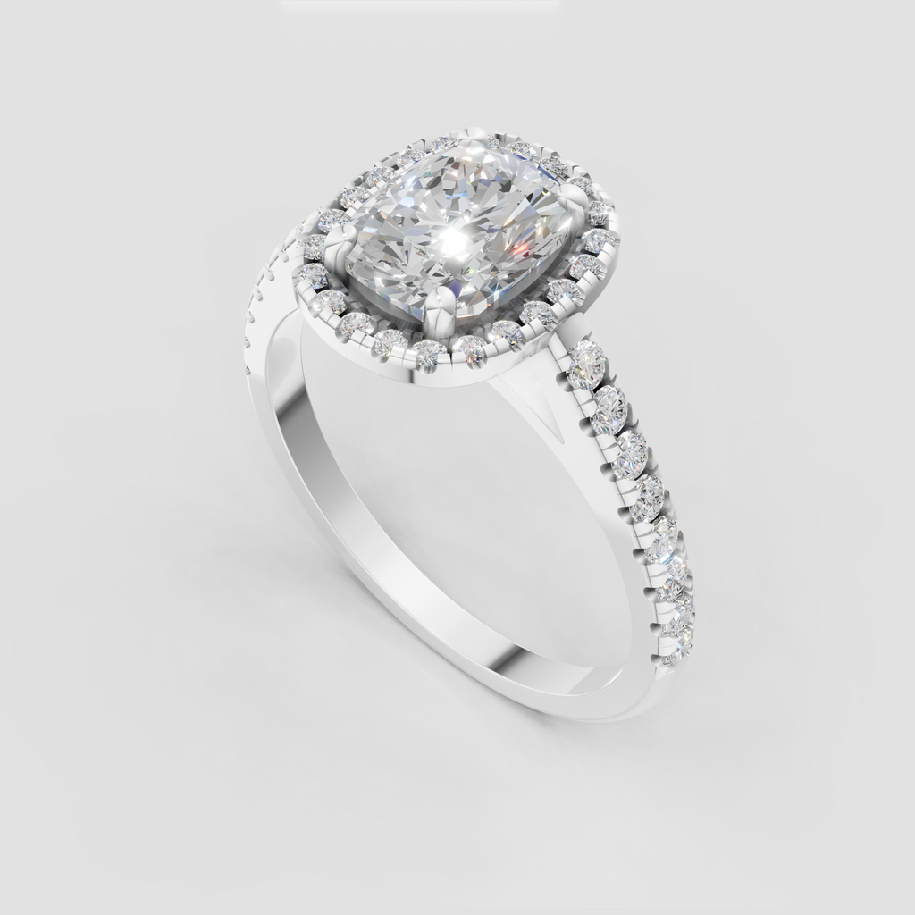Round diamond halo surrounding cushion cut center stone