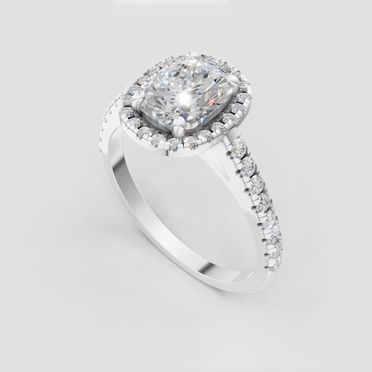 Round diamond halo surrounding cushion cut center stone