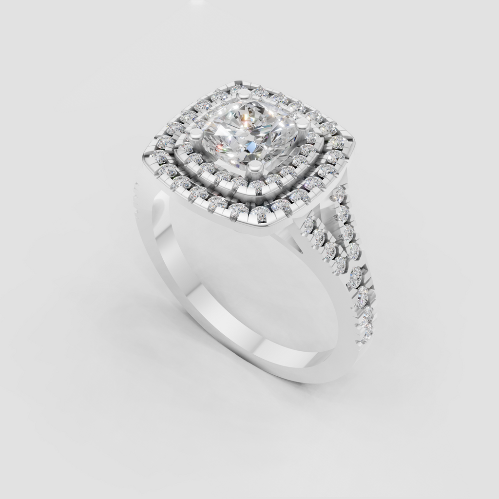 Vintage-inspired cushion cut diamond engagement ring with halo detailing