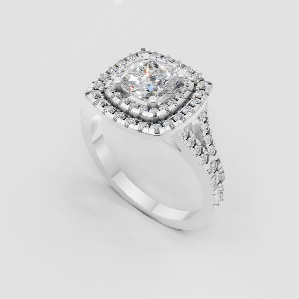 Vintage-inspired cushion cut diamond engagement ring with halo detailing