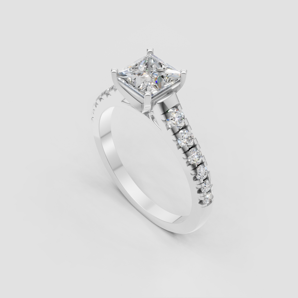 Princess cut diamond cathedral engagement ring in polished yellow gold