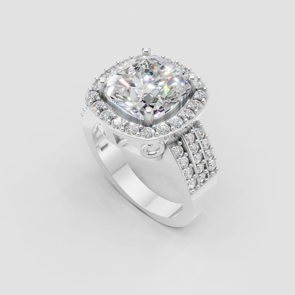 Cushion diamond engagement ring with multi-row pavé shoulders