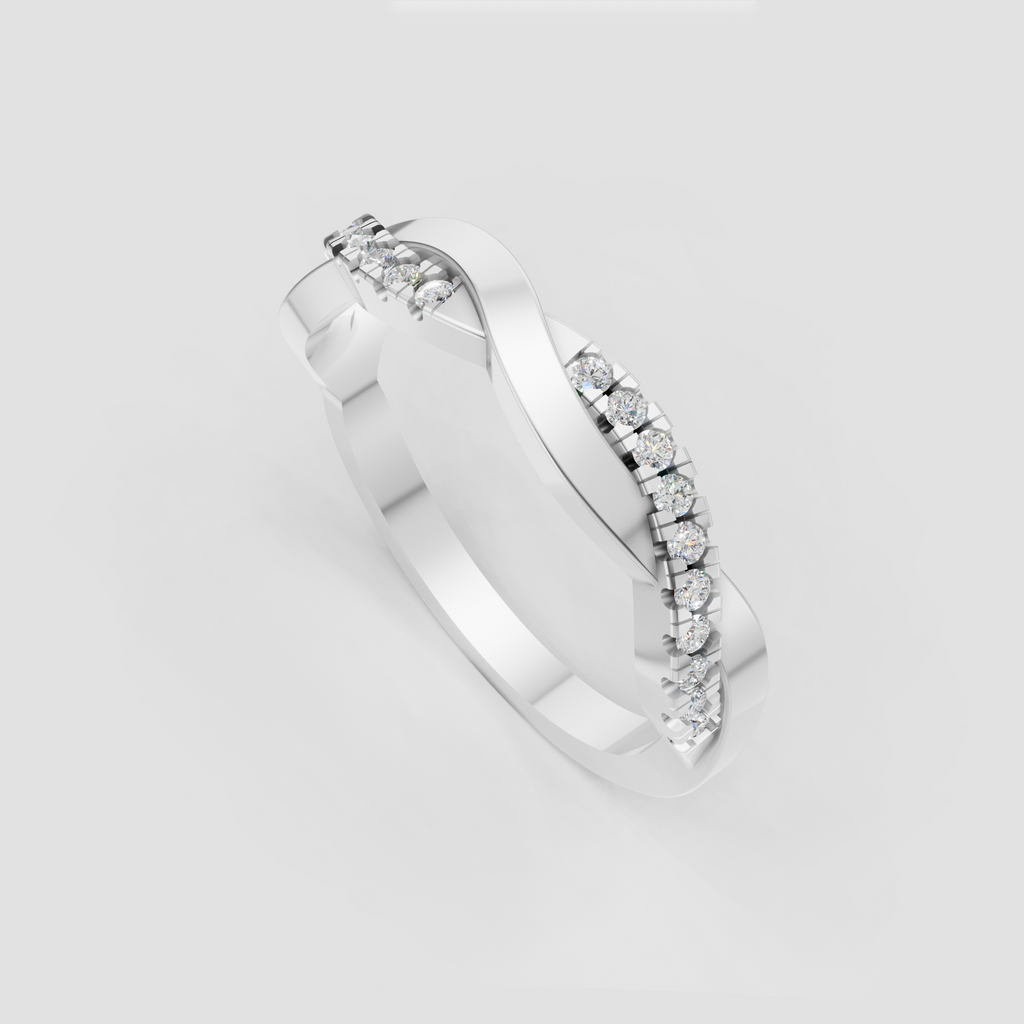 Twisted band ring featuring round cut diamonds