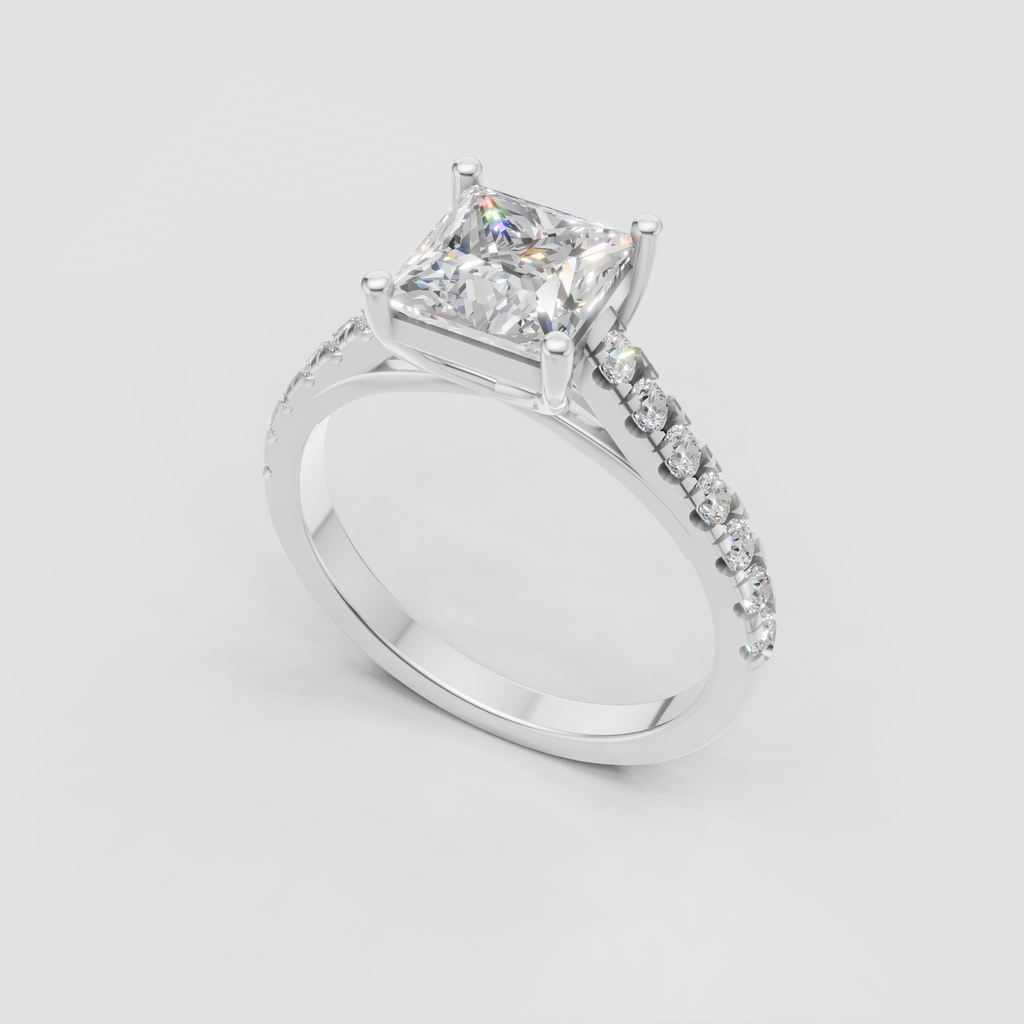 Princess cut center diamond in a bold yellow gold setting