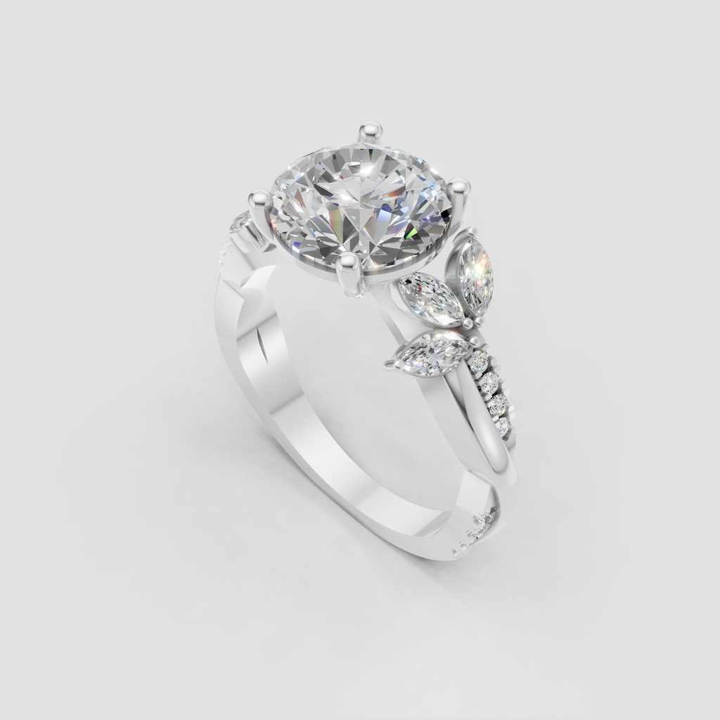 Unique round cut engagement ring with artistic twisted band design