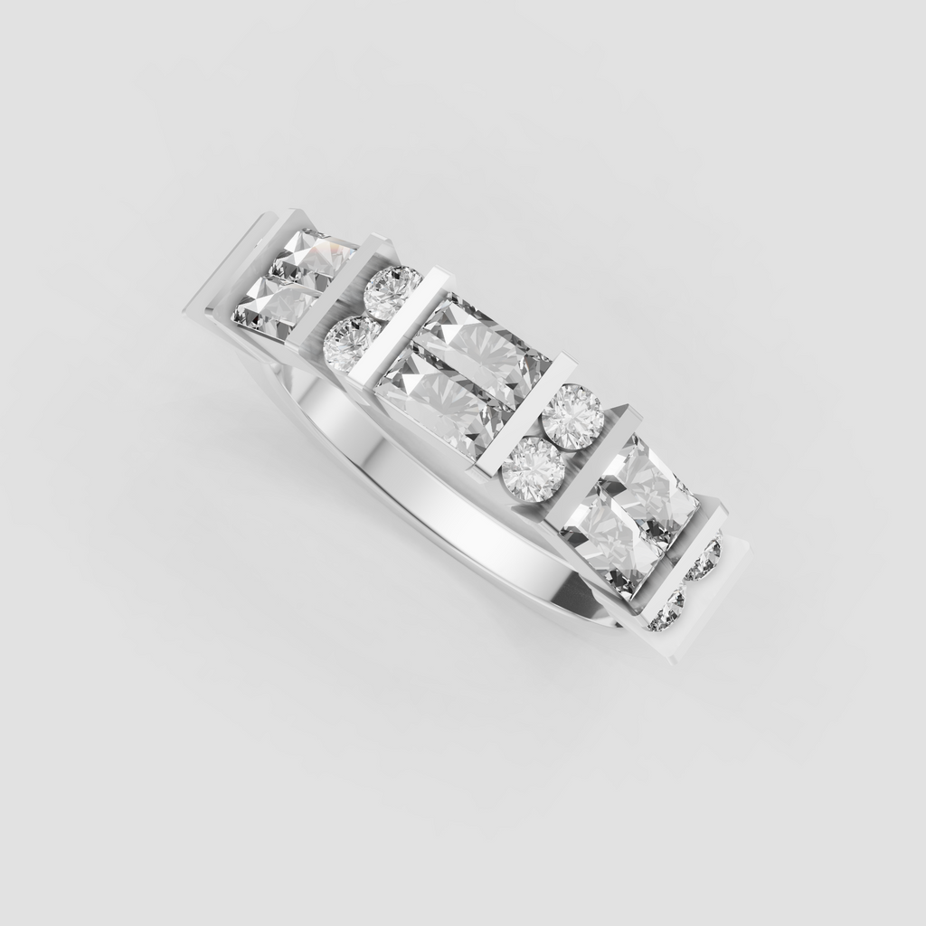 Contemporary diamond wedding band with alternating geometric stone sections