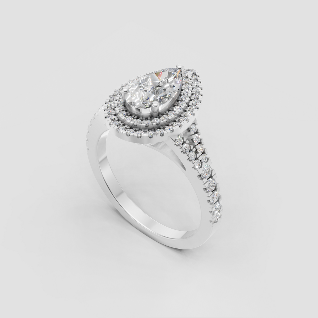 Pear cut diamond ring with sparkling concentric halos