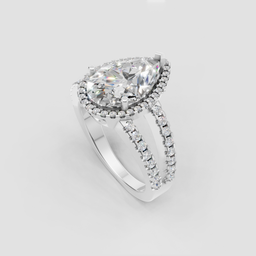 Pear cut diamond engagement ring with double pavé split-shank band