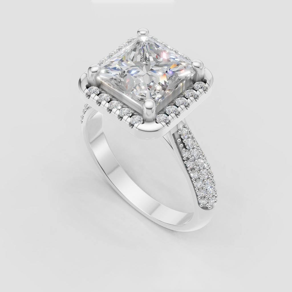 Princess Diamond Halo Ring with pavé diamond shoulders