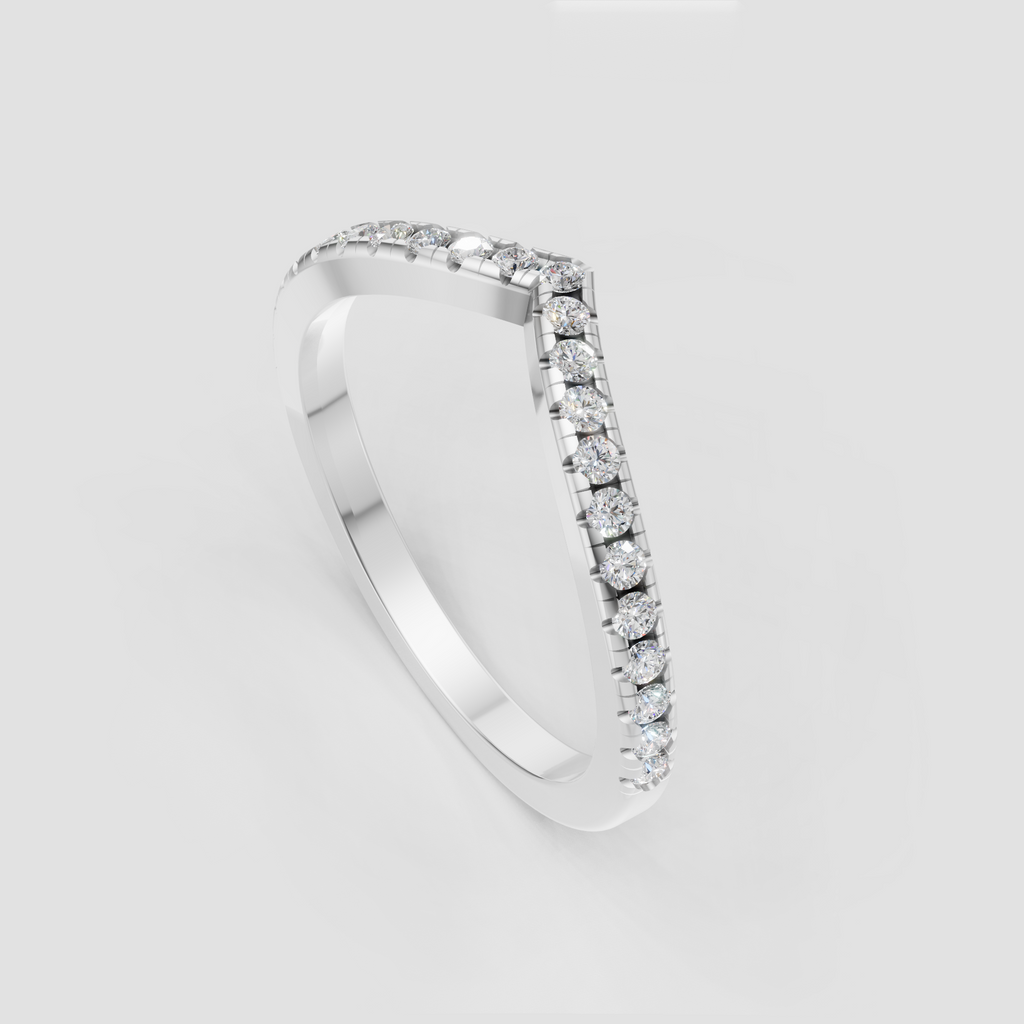 Shared-prong round diamond chevron ring with polished rose gold shank