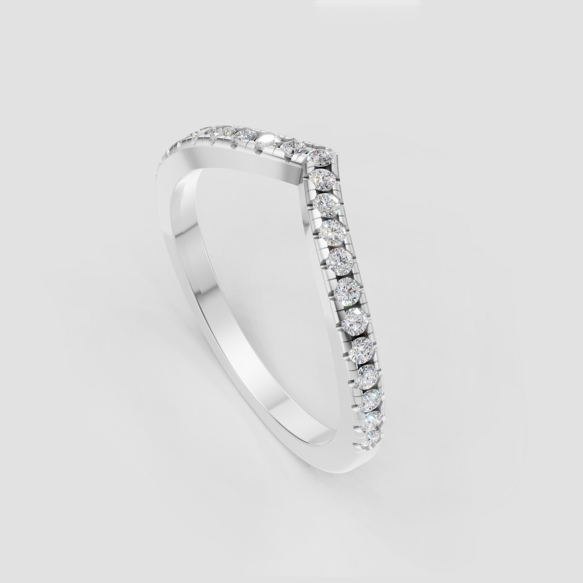 Shared-prong round diamond chevron ring with polished rose gold shank