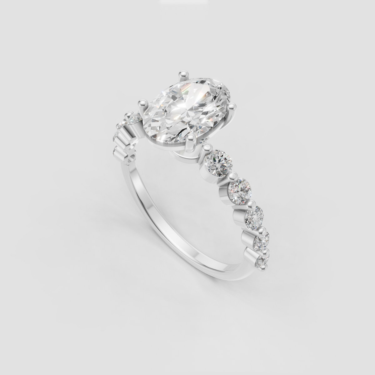 Oval center diamond engagement ring with elevated cathedral style setting