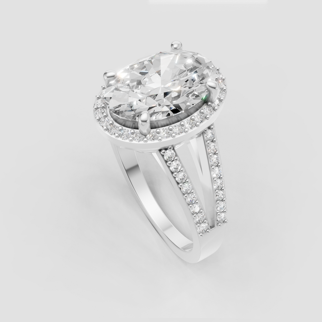 Luxury oval diamond halo ring with intricate pavé detailing.