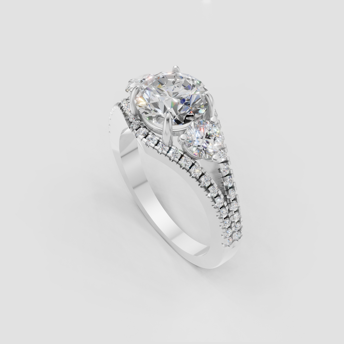 Luxury round cut diamond ring with two side stones