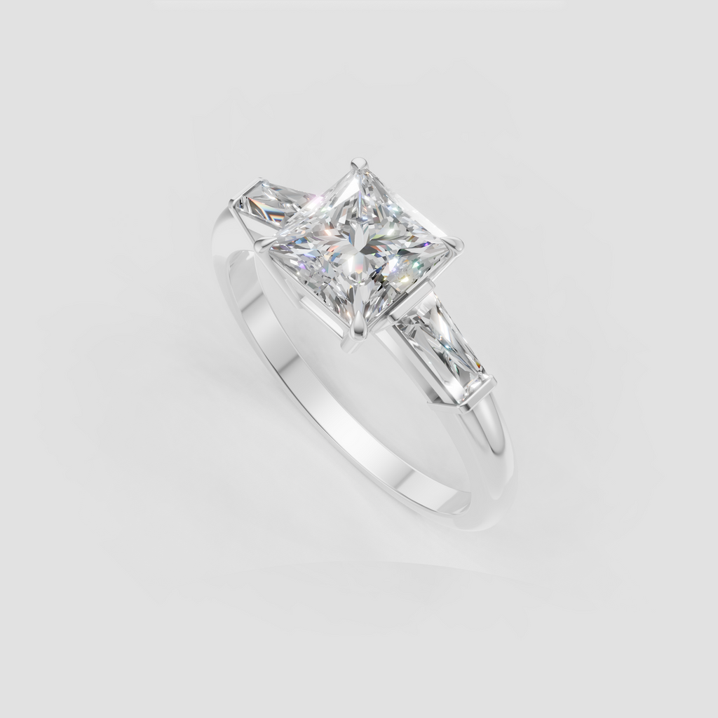 Modern square diamond engagement ring with baguette shoulder stones