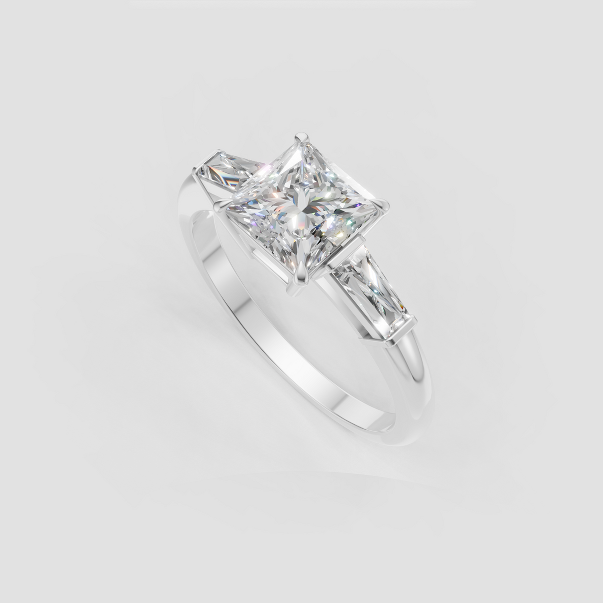 Modern square diamond engagement ring with baguette shoulder stones