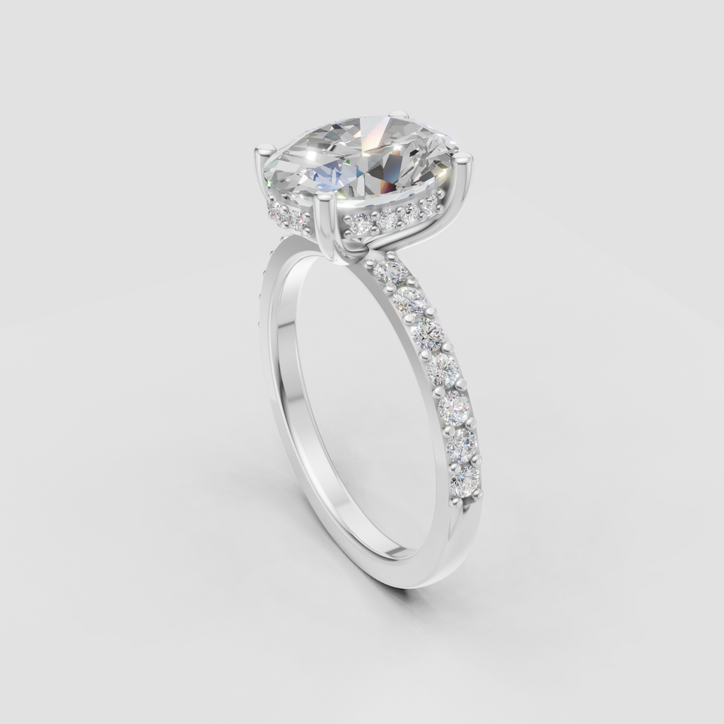 Luxury oval diamond ring with concealed halo and pavé shank